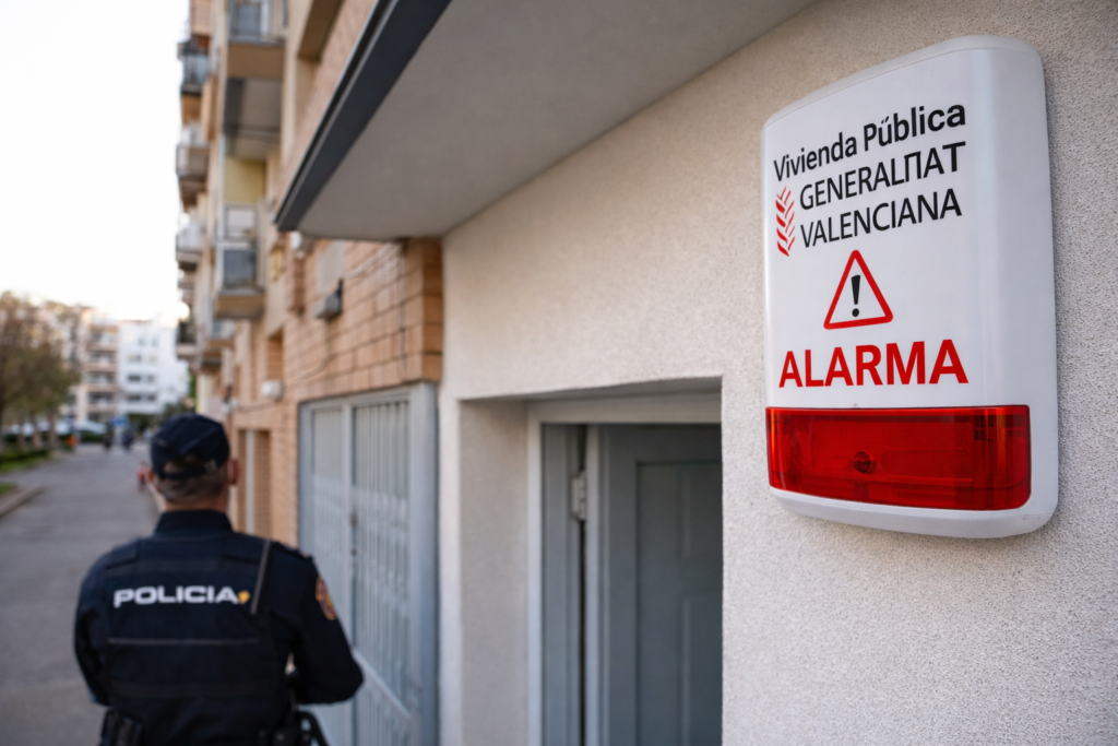 Sistema de alarma instalado en una vivienda pública para prevenir la ocupación ilegal y reforzar la seguridad del inmueble